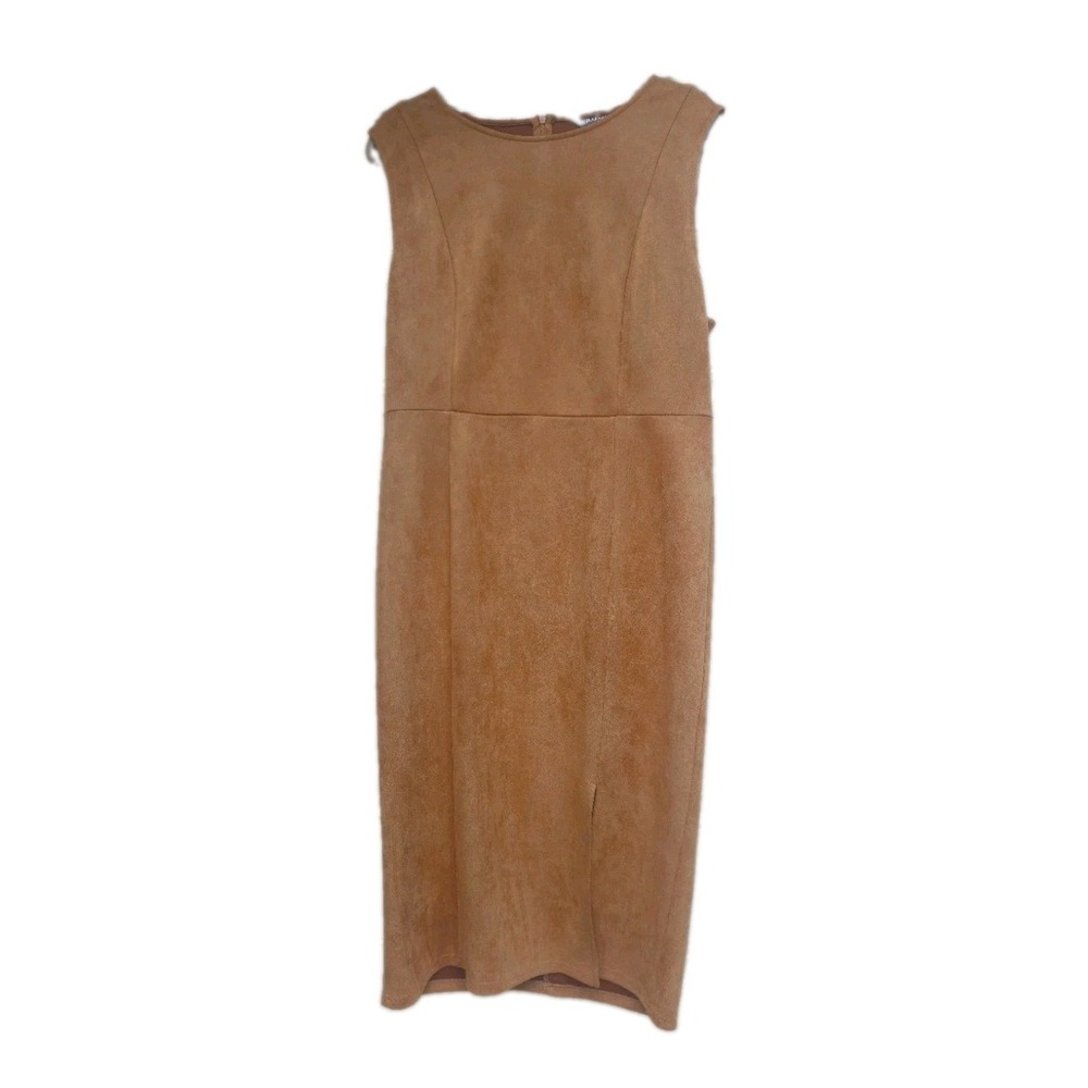 Allegra K Faux Suede Midi Dress XL Camel Brown Sheath Slit Quiet Luxury NWT